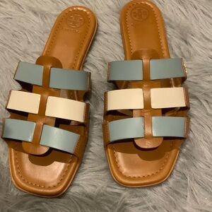 Tory Burch Tan, Blue, and Cream Sandals